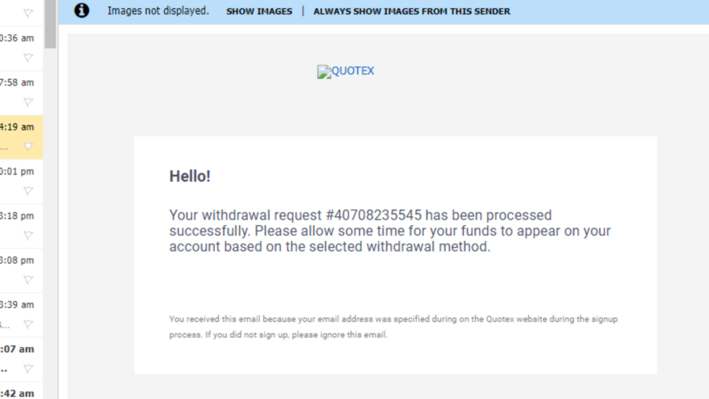 Quotex Email after withdrawal