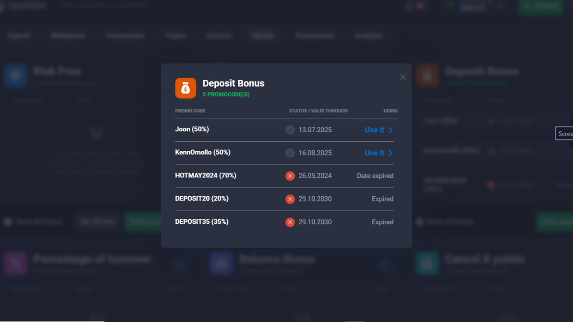 Quotex deposit bonus and promo codes
