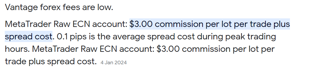 Vantage Fx trading cost